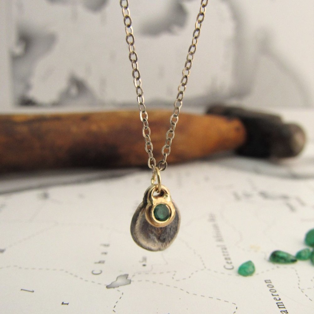 Emerald Pendant Necklace, Sterling Silver & 14K Gold, Handmade